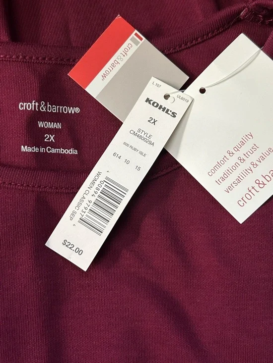 Croft & Barrow Women’s Classic Long Sleeve Crew Neck Top Burgundy 2X NWT - Picture 7 of 8